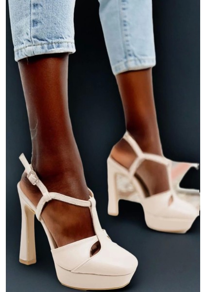 Kadın Platform Topuklu T Bantlı Ayakkabı Kalın Topuk Şık Model