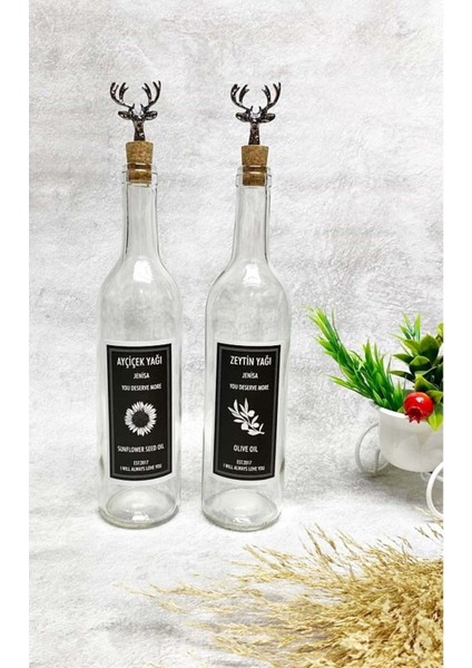 Şeffaf cam şişe, geyik desenli, mantar tıpalı, 750 ml yağdanlık, bej renk, 2'li set