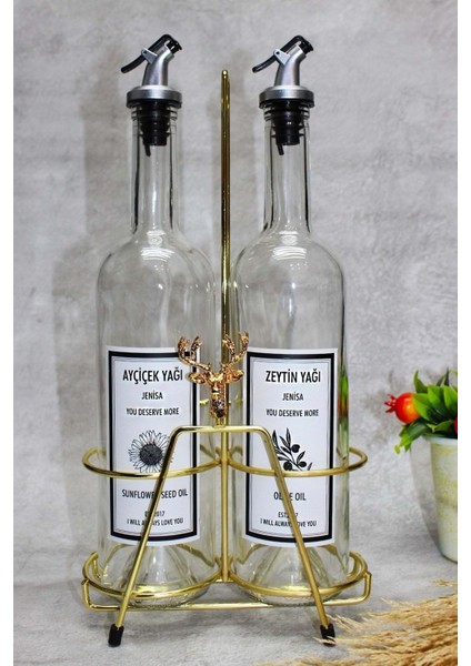 Altın Renk Geyik Aksesuarlı Şeffaf Yağdanlık, 750-999 ml, Bej, şık ve kullanışlı tasarım