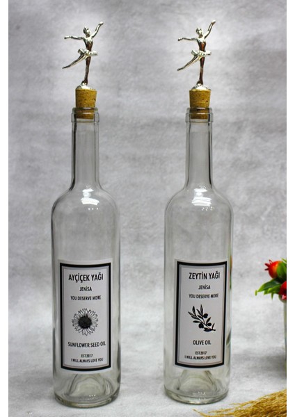 Gümüş balerin figürlü 750ml şeffaf yağlık seti, turuncu tıpalı, şık ve kullanışlı