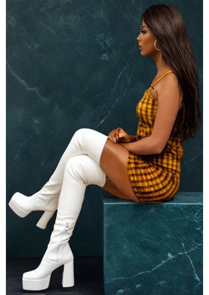 Kadın Elegant Ayakkabı Kalın Topuk Diz Üstü Streç Çizme Özel Tasarım Abiye Ayakkabı