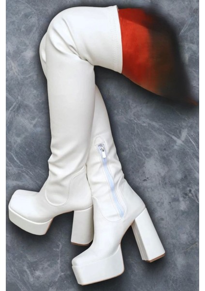 Kadın Elegant Ayakkabı Kalın Topuk Diz Üstü Streç Çizme Özel Tasarım Abiye Ayakkabı fırsatları