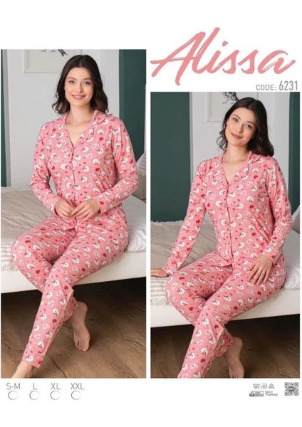 6231 Bayan Önü Düğmeli Kedi Desenli Pijama Takımı