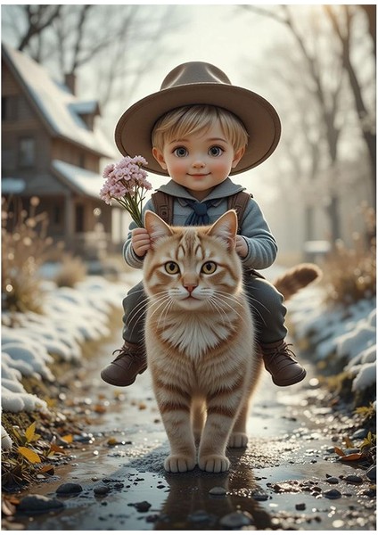 Kedi Sırtında Şapkalı Çocuk Mdf Tablo