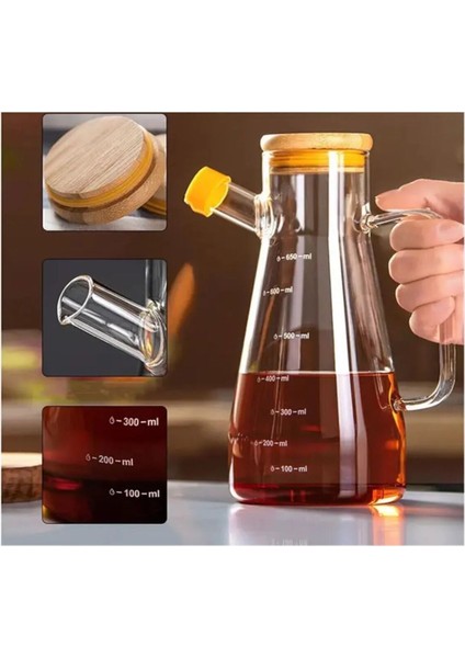 Şeffaf cam yakut damlatmaz bambu kapaklı yağlık 900ml, beyaz renk, 1 adet
