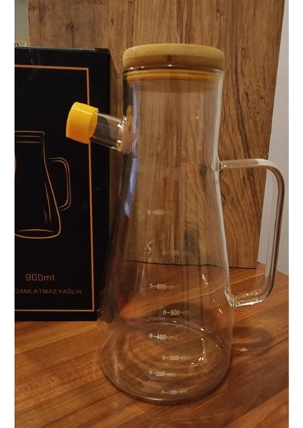 Şeffaf cam yakut damlatmaz bambu kapaklı yağlık 900ml, beyaz renk, 1 adet modelleri