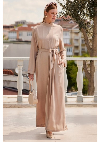 7028 Uzun Tulum Elbise - Bej Yeni