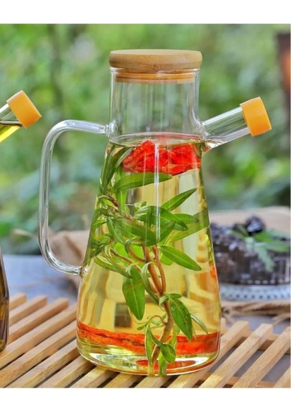 Şeffaf 2'li Bambu Kapaklı Cam Yağdanlık 900 ml, Şık ve Kullanışlı Ev Gereçleri