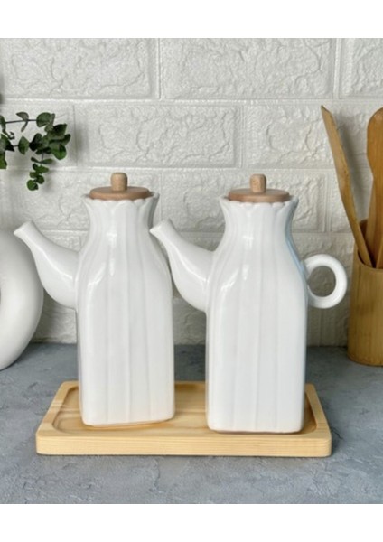 Bambu Standlı 2’li Kare Porselen 1000 ml Yağdanlık Yağlık Seti