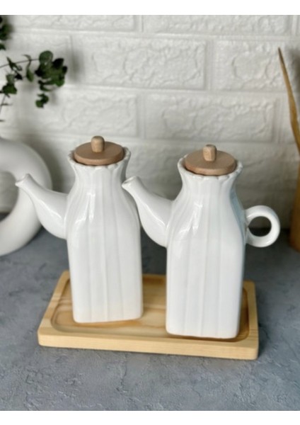 Bambu Standlı 2’li Kare Porselen 1000 ml Yağdanlık Yağlık Seti