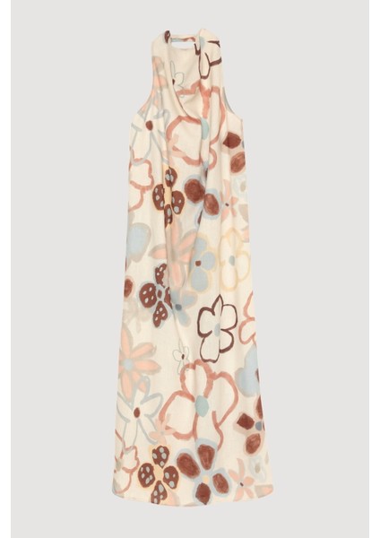 Boyundan Bağlamalı Sırt Dekolteli Desenli Keten Uzun Elbise Naturel