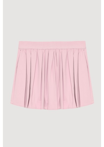 Içi Şortlu Beli Lastikli Pileli Mini Etek Pembe