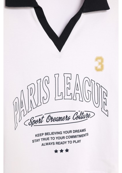 Paris Yazı Baskılı Polo Yaka Crop Tişört Beyaz fiyatları