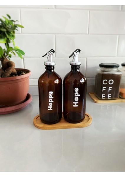 Bambu Altlıklı 2'li Yağ Şişesi ve Yağdanlık Seti 500 ml kahverengi, 3 parça