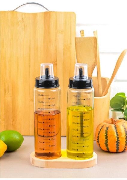 Ahşap Standlı 2'li Cam Yağlık ve Sirkelik Seti, Renk: Kahverengi, Hacim: 500 ml
