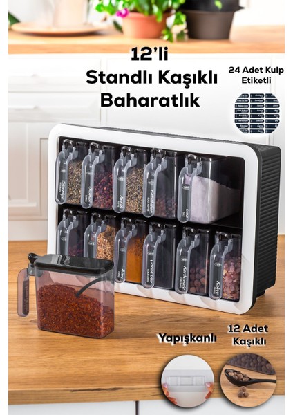 12'li Kendinden Yapışkanlı Baharatlık Seti, Siyah-Beyaz, Standlı, Etiketli, 300 ml fiyatları