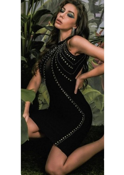 Kadın Dalgıç Kumaş Taş Detaylı Mini Boy Elbise modelleri