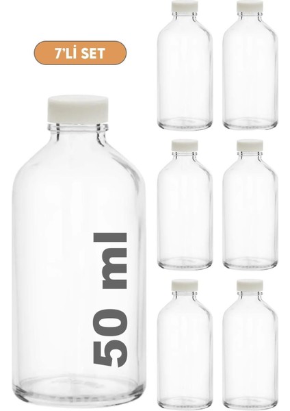 7'li 50ml Zencefil Cam Mini Şişe, Koku ve Süs İçin, Plastik Kapak, Şeffaf, 5000+ Parça indirimleri
