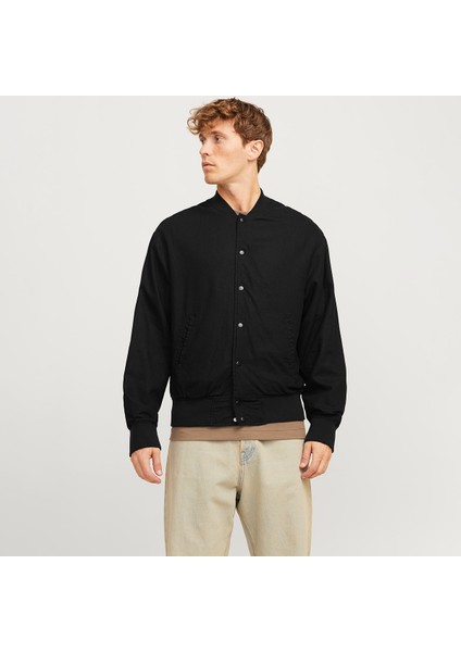 Jack&jones Ario Linen Bomber Erkek Siyah Yuvarlak Yaka Ceket