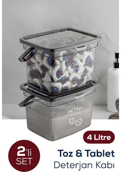 2'li 4L Gri Plastik Saklama Kutusu, Serigrafi Etiketli, Antrasit Renkli