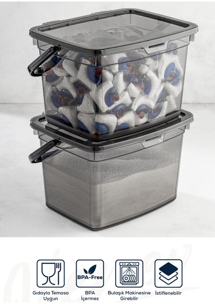 2'li 4L Gri Plastik Saklama Kutusu, Serigrafi Etiketli, Antrasit Renkli modelleri