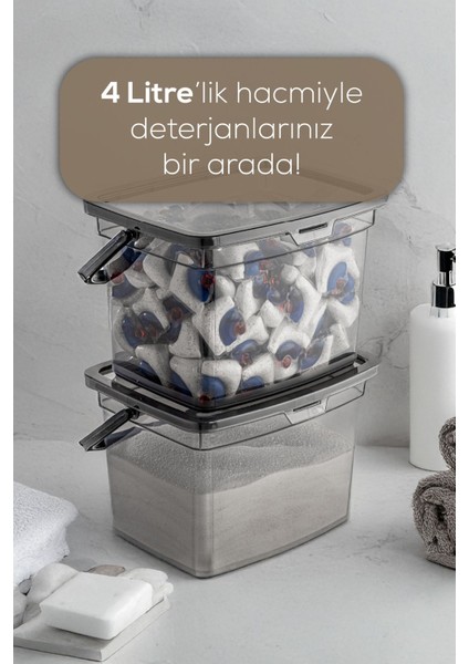 2'li 4L Gri Plastik Saklama Kutusu, Serigrafi Etiketli, Antrasit Renkli fırsatları