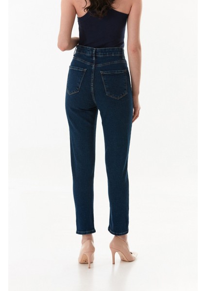 Yüksek Bel Likralı Mom Jean