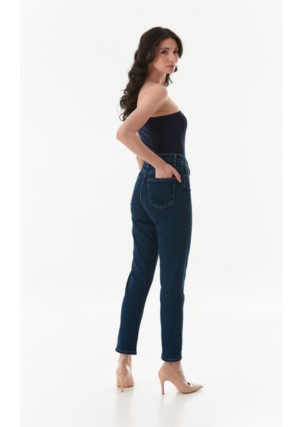 Yüksek Bel Likralı Mom Jean
