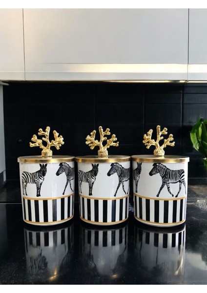Baharatlık Silindir 3'lü Set Kahve Köşesi Zebra At Desenli Gold Mercan - Feray Home