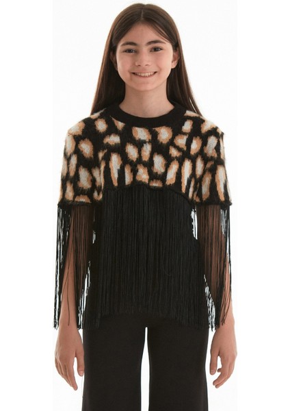 Leopar Desenli Püsküllü Kız Çocuk Bolero Kazak