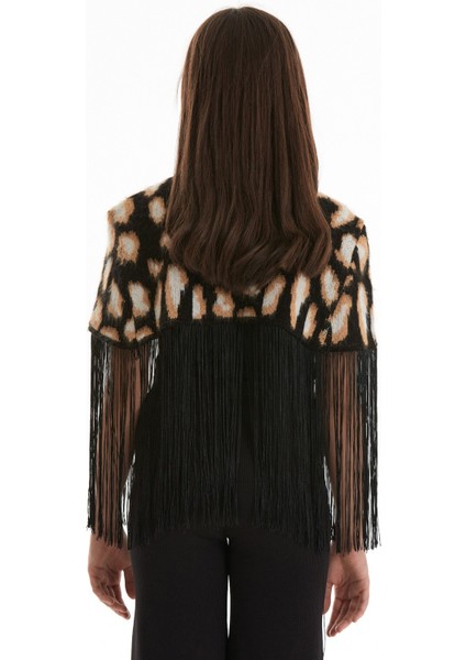 Leopar Desenli Püsküllü Kız Çocuk Bolero Kazak