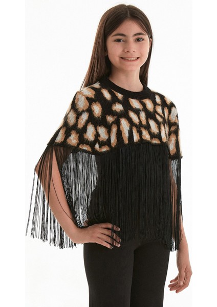 Leopar Desenli Püsküllü Kız Çocuk Bolero Kazak