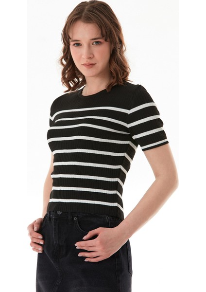 Çizgili Fitilli Bisiklet Yaka Triko Tişört