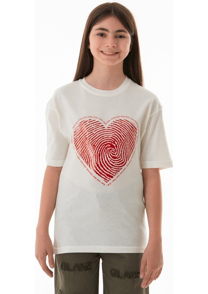 Kalp ve Love Yazı Baskılı Kız Çocuk Oversize Tişört