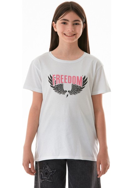 %100 Pamuk Freedom Yazı Baskılı Kız Çocuk Tişört