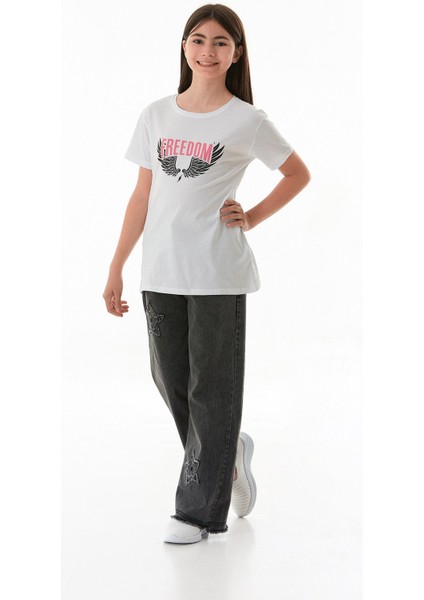 %100 Pamuk Freedom Yazı Baskılı Kız Çocuk Tişört modelleri