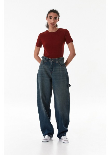 Yüksek Bel Tokalı Baggy Jean