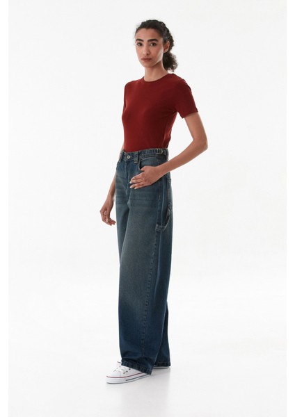 Yüksek Bel Tokalı Baggy Jean