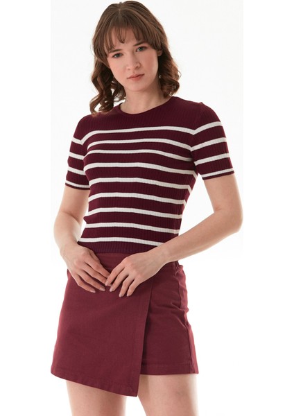 Çizgili Fitilli Bisiklet Yaka Triko Tişört