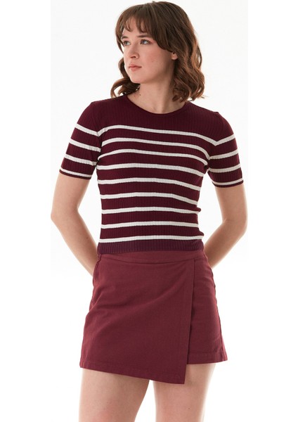 Çizgili Fitilli Bisiklet Yaka Triko Tişört modelleri