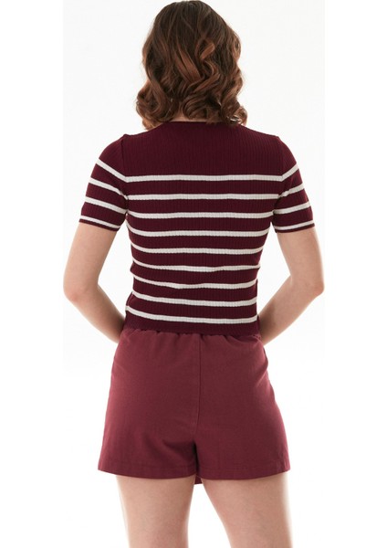 Çizgili Fitilli Bisiklet Yaka Triko Tişört indirimleri