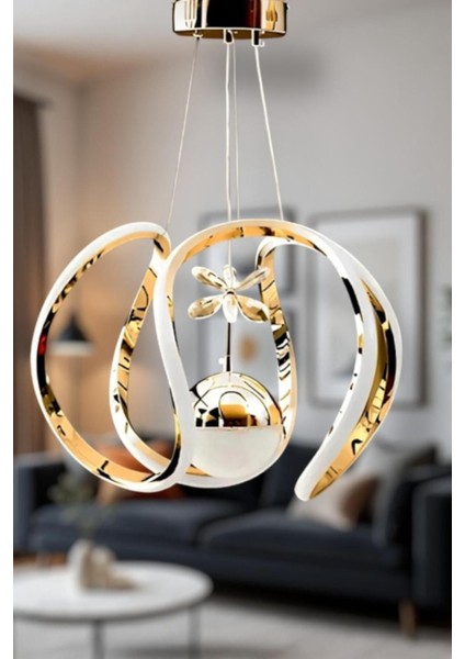 Damla Tek Toplu Taçlı Ledli Gold 3 Renk Ledli - LED Avize Aydınlatma