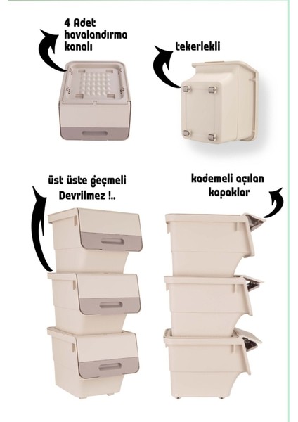 3lü Tekerlekli Patateslik Soğanlık Oyuncak Kutusu Sebzelik Patates Soğan Sepeti Mote Krem 36 Lt