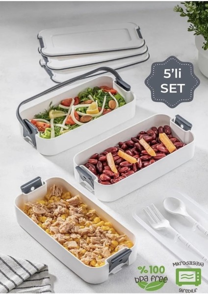 3 Katlı Taşınabilir Yemek Kabı – Lunch box Diyet Beslenme Kutusu Saklama Kabı Çatal Kaşıklı Gri