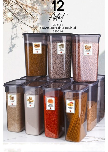 12'li Mega Boy Etiketli Dikdörtgen Erzak Saklama Kabı Seti 3200ML Çay Şeker Saklama Kabı 3.2 Litre