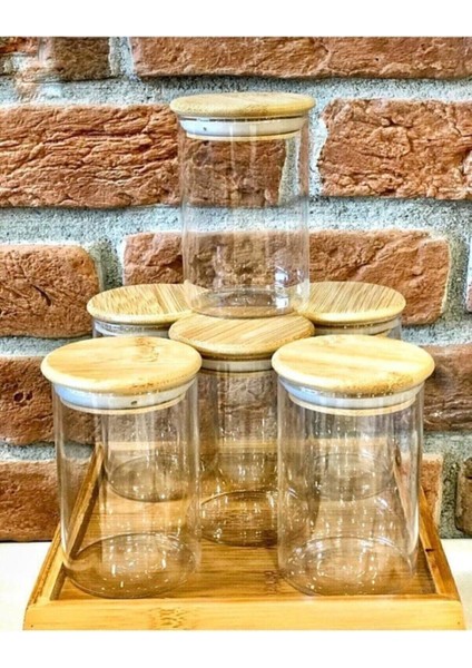 Bambu Kapaklı, Vakumlu, Cam Kavanoz Seti, 6'lı, 200 ml, Sarı Renkli