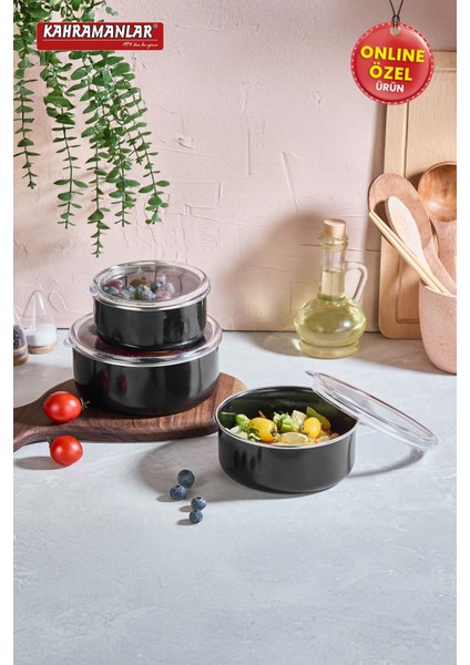 Şık 3'lü Emaye Saklama Kabı Seti, Siyah, Sağlıklı ve Dayanıklı Mutfak Gereçleri