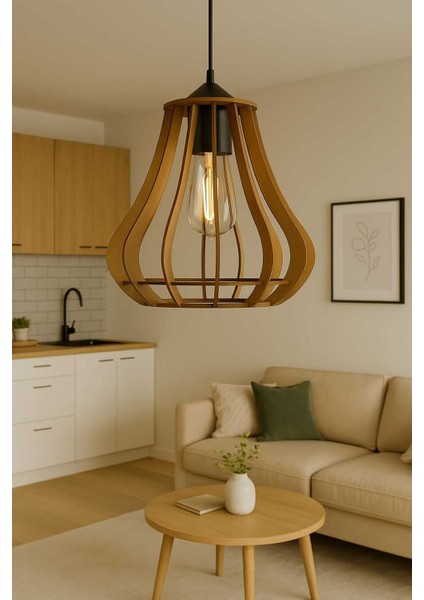 Lazer Kesim Ahşap Avize Linea Model Modern Tasarım E27 Duy Uyumlu Kolay Kurulum Salon Aydınlatma