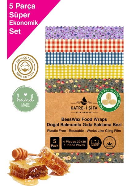 5 Parça Tekrar Kullanılabilen Balmumu Gıda Saklama Bezi Beeswa x Food Wraps Mumo