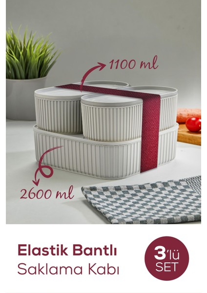 3'lü Elastik Bantlı Istiflenebilir Pratik Saklama Kabı Seti 2X(1100 Ml) 1X(2600 Ml) Gri
